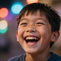 8 5 mm photography of close up of a laughing boy with dof and bokeh and vibrant colourful lights out of focus in the background. highly detailed 8 k. intricate. lifelike. soft diffused light. nikon d 8 5 0.
