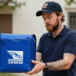 a closeup photorealistic illustration of post malone delivering mail as american mail carrier with blue bag. fine detail. this 4 k hd image is trending on artstation, featured on behance, well - rendered, extra crisp, features intricate detail, epic composition and the style of unreal engine.