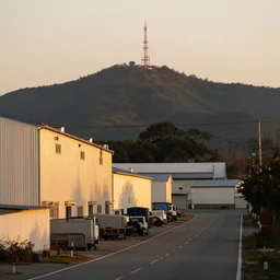 a road next to warehouses, and a hill background with a radio tower on top, 3 0 0 mm telephoto lens, golden hour, zoom