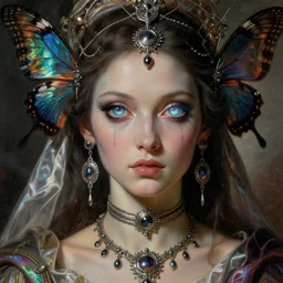 a baroque neoclassicist close - up portrait of a futuristic empress tsarina alien goddess gazing intensely with big glowing cosmic eyes adorned in silver blacklight retrofuturistic jewelry with iridescent butterfly wings and iridescent silk, misty x - particles background. renaissance portrait painting. highly detailed science fiction painting by norman rockwell, frank frazetta, syd mead, artgerm, alphonse mucha, rich colors, high contrast, gloomy atmosphere, darksynth. trending on artstation.