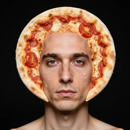 portrait of man with a rare deformational condition making the head flat and circular like a pizza, head looks exactly like a pizza, doughy skin with white pores, blemishes look like tomatoes, soft lighting, sharp focus, highly symmetrical, head and shoulders portrait, black background, masterpiece by paola agosti