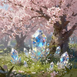 cherry blossoms, iridescent diaphanous refractive and reflective crystal crystalline pearly flora, verdant, lush, overgrown, pink and blue topaz colors, fantasy, intricate, elegant, highly detailed, digital painting, artstation, concept art, matte, sharp focus, illustration, hearthstone, art by artgerm and greg rutkowski and bouguereau