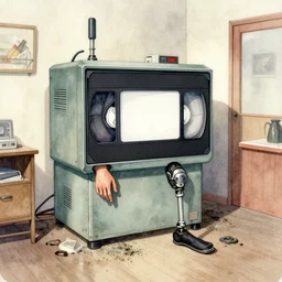 watercolor vhs horror machine attached amputee abandoned by filth in 1 9 8 0 apartment bybernie wrightson, ian miller, boris vallejo, & albrecht durer, fine art masterpiece baked at 3 0 0 f, matte painting, horrific, photorealistic render, cinematic,