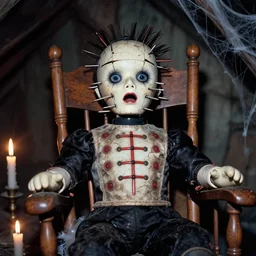 closeup old flash photo of a creepy dirty shocked scared cracked hellraiser victorian ventriloquist dummy sitting in a rocking chair in an old abandoned attic at night, candles, spider webs, disposable camera, guillermo del toro, hp lovecraft, wes anderson, wes craven, greg rutkowski,