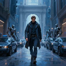 hyperrealistic and beautiful painting of a man dressed in techwear walking through the alley way of a grand city, classical architecture, technological lights, vehicles, robotics, cyberpunk style, 8 k resolution, by hugh ferris and john smith and noriyoshi ohrai, polished, fine detail, intricate, blue color scheme, cyberpunk style, smooth, octane, concept art, artstation