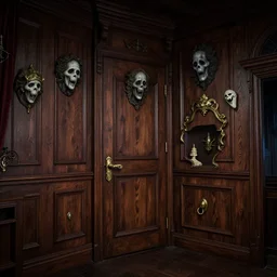 haunted mansion with wood panels, bronze fixtures, frightening ghostly faces on everything in room, artstation