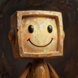 a smiling stick figure with a very large square face