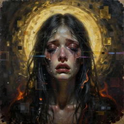 glitchy vhs artifacts, magic halo, broken soul, deep sickness oil paint, surrealist highly detailed at, ethereal, trending on art station, emotional surrealism oil painting, tears, crying, glitching squares, very very very very very beautiful and painful, aged damaged on edges, fire pain, black gold color scheme, cinematic lighting, black and gold colors