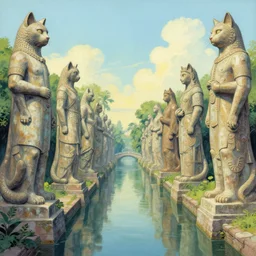 a beautiful painting of a canal lined with massive statues of anthropomorphic Feline Gods by Tim White | graphic novel, illustration:.4