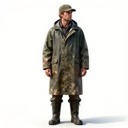 weathered fisherman in raincoat, high detail digital art, full body, standing, isolated on a pure white background, centered, whole figure in frame, sharp focus, studio lighting