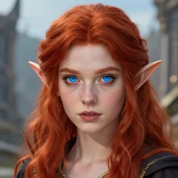beatiful crimson haired elf wizard girl with sky blue eyes, intricate, focus on face, elven city begin, fov, artwork by marcus whinney and greg rutkowski, trending in artstation