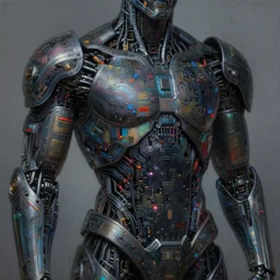 dark cyborg armour made of intricate complex circuitry and microchips, iridescent, colorful, intricate linework, realistic oil painting, rutkowski, wlop, chebokha, artgerm
