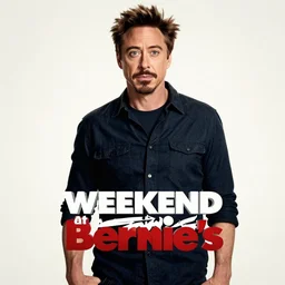 robert downey jr. starring in weekend at bernie's. movie poster. comedic. cinematic lighting. robert downey jr. in a wheelchair pushed by dwayne the rock johnson.