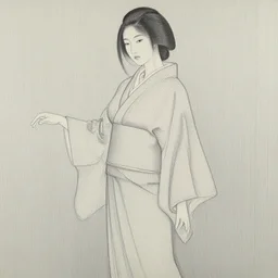 painting of a beautiful woman in flowing translucent kimono drawn with only shaded vertical lines