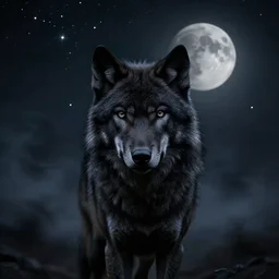 black wolf portrait, night, sky full of stars and a full moon, dramatic black smoke everywhere, high detail, photorealistic, movie still, in the style of ben jeffery