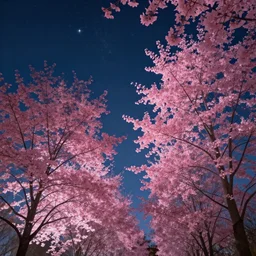 looking up at trees with pink leaves, night sky, stars, artstation, jakub rozalski - 4