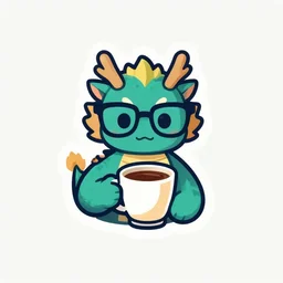 logo of a dragon wearing glasses, holding a cup of coffee, digital art