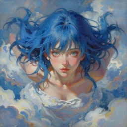 painting by krenz cushart!!, portrait of a beautiful girl with blue hair floating in the clouds, finely detailed features, intricate brush strokes, beautiful lighting, trending on pixiv fanbox.