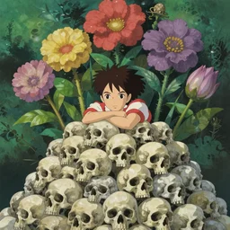 young goddess peering from behind an enormous conical pile of skulls with huge flowers on tall stalks behind her, lush painting in the style of studio ghibli