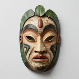 symmetrical product photograph of a tribal mask made from waterlilys