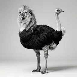 rare classified photo, black & white, studio lighting, a fat standing lion ostrich panda horns, real fur, real skin