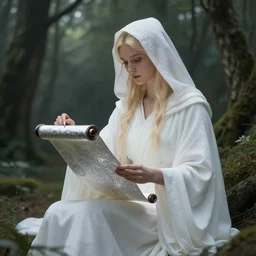full - body portrait of the goddess of memory writing on a silver scroll in a forest, white hood, white robes, blonde, fantasy, magical, realistic and detailed, spiritual, supernatural, intricate, elegant, highly detailed, digital painting, trending on artstation, by wlop, 4 k octane render
