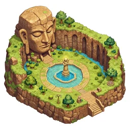 isometric dungeon map for the healing shrine of panur the implacable. giant worn visage, cenote, statue, pool.