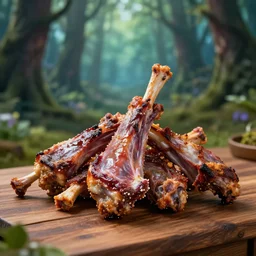 5 5 mm photo of a pile of freshly roasted lamb on a wooden table in a magical forest. dof. bokeh. magical atmosphere. art by greg rutkowski. highly detailed 8 k. intricate. lifelike. soft light. nikon d 8 5 0.