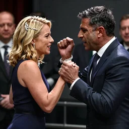 Liz Truss fighting with Rishi Sunak, epic cinematography, dramatic lighting, brawl