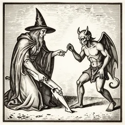 witchraft : a witch and a devil making a nail with which to make a boy lame. woodcut, 1 7 2 0.