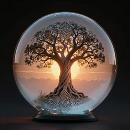 glass sphere refracting the sunset and containing the cosmological, central tree yggdrasil in celtic style ; photorealistic octanerender, trending on artstation