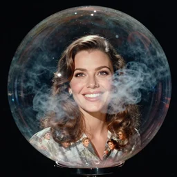 smirking 1970 Mila Kunis reflected in a reflective bubble, puffs of smoke, The Stars My Destination, Ludek Pesek, Rick Guidice, Chesley Bonestell, Lucien Rudaux, Rolf Klep, Fred Freeman, George Pal