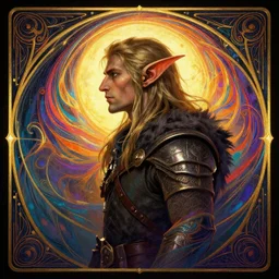 side profile centered painted portrait,male elf ranger, D&D, Gloomhaven, matte painting concept art, art nouveau, beautifully backlit, swirly vibrant color lines, fantastically gaudy, aesthetic octane render, 8K HD Resolution, by ilya kuvshinov and Cushart Krentz and Gilleard James