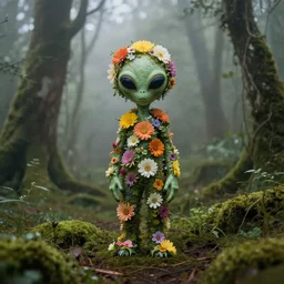 an alien wrapped in flowers, in a foggy mossy forest, by Omar Z. Robles, CANON Eos C300, ƒ1.8, 35mm, 8K, medium-format print