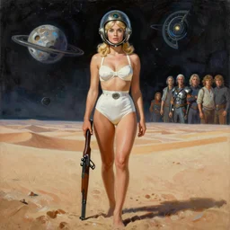 a mixed media painting of a beautiful blonde woman with a rifle on a desert planet, elegant, aesthetic!!! symmetrical face and eyes, piercing gaze, sixties pinup, photorealistic, curvy, model, 6 0's glass helmet and futuristic high waisted white bikini, epic sci - fi character art, full length, by frank frazetta, donato giancola, boris vallejo, beeple, greg rutkowski, christian macnevin, high fantasy, prometheus, cgsociety, exquisite detail, post - processing, masterpiece, cinematic