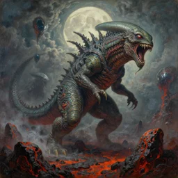 concept art of giant alien kaiju, lava rocks, lovecraftian, renaissance, roaring, melting horror, round moon, rich clouds, fighting the horrors of the unknown, mirrors, very detailed, volumetric light, mist, grim, fine art, decaying, textured oil over canvas, epic fantasy art, very colorful, ornate scales, anato finnstark