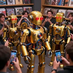 photo of a press conference of a golden and blue metal sad humanoid steampunk robots with gears and tubes, many humans with smartphones, eyes are glowing red lightbulbs, shiny crisp finish, 3 d render, 8 k, insaneley detailed, fluorescent colors, background is in a record store,