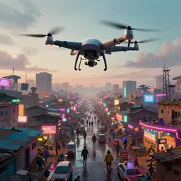 3 d vfx - caricature - art of flying drones circling above a bustling - neon lit - wet ajegunle slum in nigeria, cinestill 8 0 0 t photograph, unreal engine render, digital illustration, illustration style by mike winkelmann, sharp, intricate detail, volumetric light, ray tracing, soft light, colourful, surreal environment, wide angle first person view,
