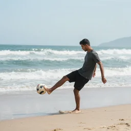 a man on the beach kicking a ball, full body image