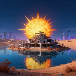 a beautiful photorealistic illustration of nature unfinished building architecture abandoned sun disc by richard rogers, at night lake architecture island studio ghibli desert at dusk crystal infrared fisheye thermal vision laser vice city postcyberpunk, archdaily, wallpaper, highly detailed, trending on artstation.