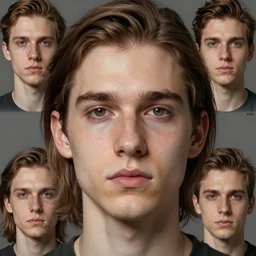 portrait of a young man, long face, brown hair, very short hair, no glasses, detailed, hyperrealistic, realistic, symmetrical, by artgerm, by anato finnstark, by alena aenami, by john harris, by ross tran, by wlop, by andreas rocha