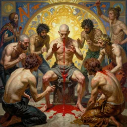 realistic matte painting wan bald man surrounded by tweakers addicts performing ritual blood magick greg rutkowski alphonse mucha artstation vivid color hdr