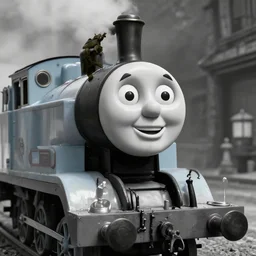 Dystopian Thomas the Tank Engine laughing like The Joker by H.R. Giger. Grayscale