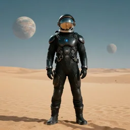 a movie still of a spaceman in a futuristic black space suit on a desert planet