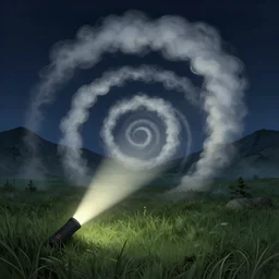 nightly, spiral, naive nerikomi, weird perspective, extra narrow, detailed illustration, lit by flashlight, scenic spiral environment by rhads, trending artstation, fisheye, grass field night mountainous terrain, chubby spiral smoke shaped clouds, volumetric lighting and mist