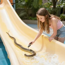 a girl finds a snake on a water slide