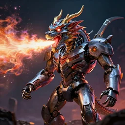 the dragon robot exhales cosmos from its mouth 4 k, cinematic