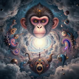 lsd visuals dmt visuals shroom visuals a monkey face spirals and fractal designs infinity by anato finnstark and moebius and beeple and in the middle a portal back to reality, filmic, cinematic, into the void, octane render, pbr, path based rendering, volumetric clouds, particle physics, glorious