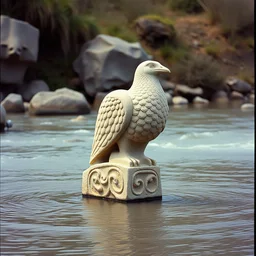 1 9 6 0 s vintage scanned color photo of a ancient stone sculpture of a bird in the middle of a river, image by werner herzog, tarkovsky