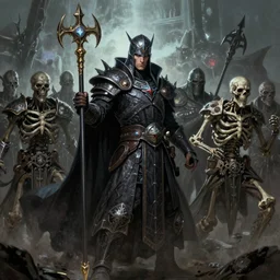 An epic fantasy comic book style portrait painting of a supreme necromancer warlord with many undead and skeleton warriors around him, painted by craig mullins, unreal 5, DAZ, hyperrealistic, octane render, cosplay, RPG portrait, dynamic lighting